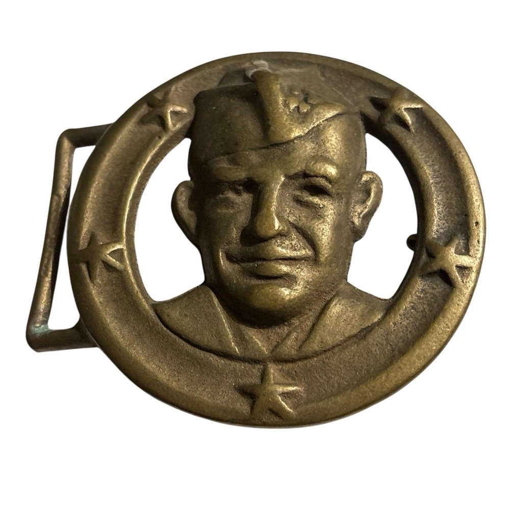 Rare Vintage Military Belt Buckle Heavy Solid Brass Soldier Stars Stamped Large